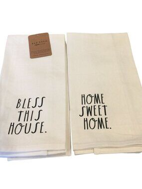Rae Dunn BLESS THIS HOUSE HOME SWEET HOME White Kitchen Towels Set of Two 16” x